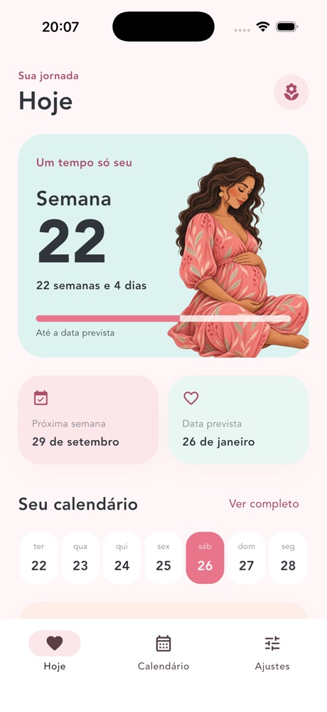 Tela inicial do Florescer mostrando a semana de gestação e o calendário.